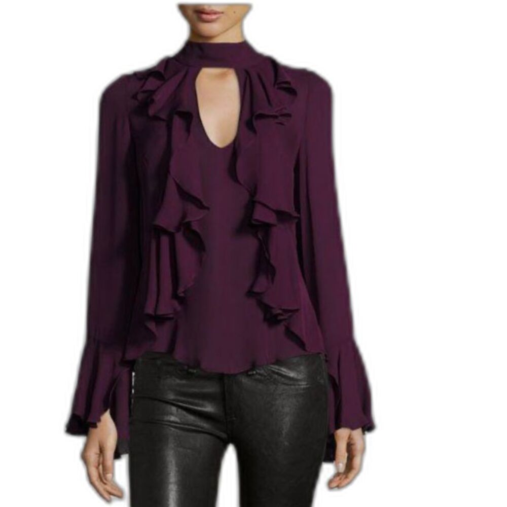 Cinq a Sept Sia Choker Ruffled Silk Blouse in Burgundy XS NWOT